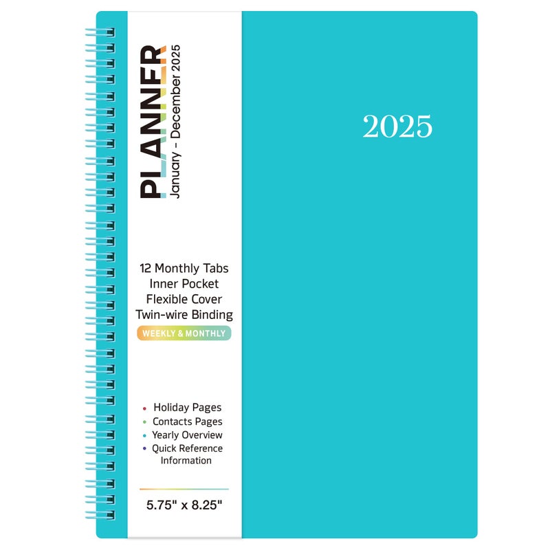 Vondafe 2025 Planner - Planner/Calendar 2025, Jan.2025 - Dec.2025, 2025 Planner Weekly and Monthly with Tabs, 2025 Calendar with Flexible Cover, A5 Thick Paper, Twin-Wire Binding, Aqua Green - Image 1